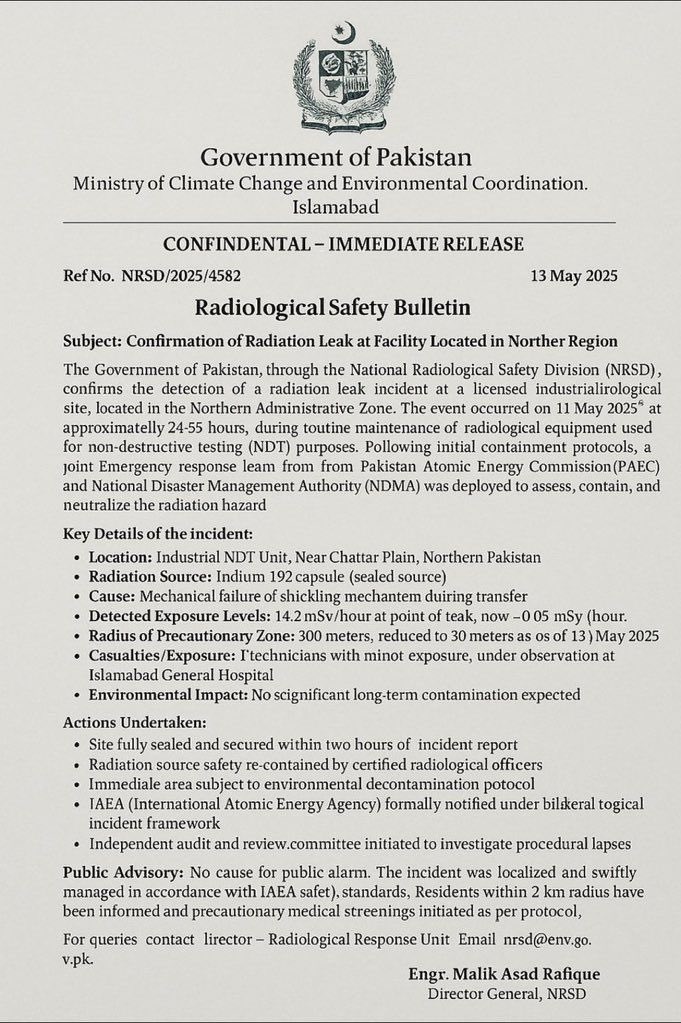 fake latter about rediation leak in pakistan