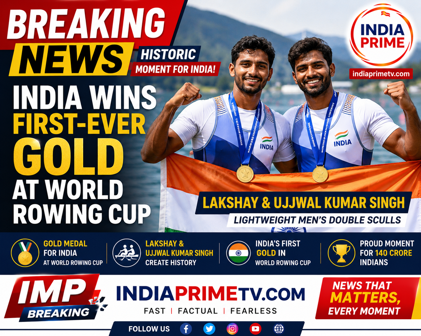विश्व रोइंग कप में भारत ने रचा इतिहास, लक्ष्य और उज्ज्वल कुमार सिंह ने दिलाया पहला स्वर्ण पदक 