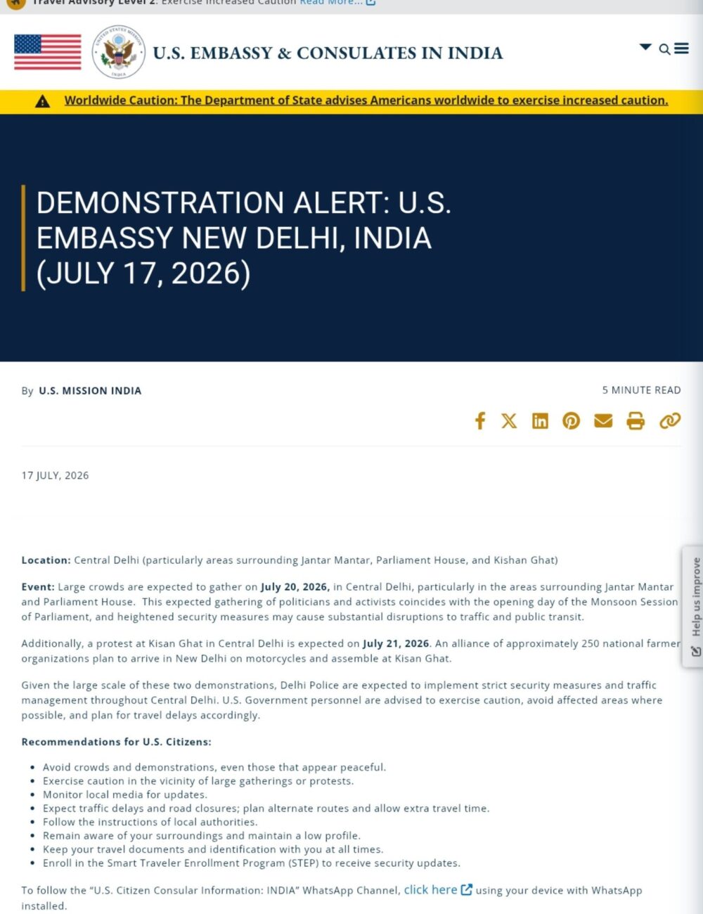 Usa Embassy worn us forigners about dharma